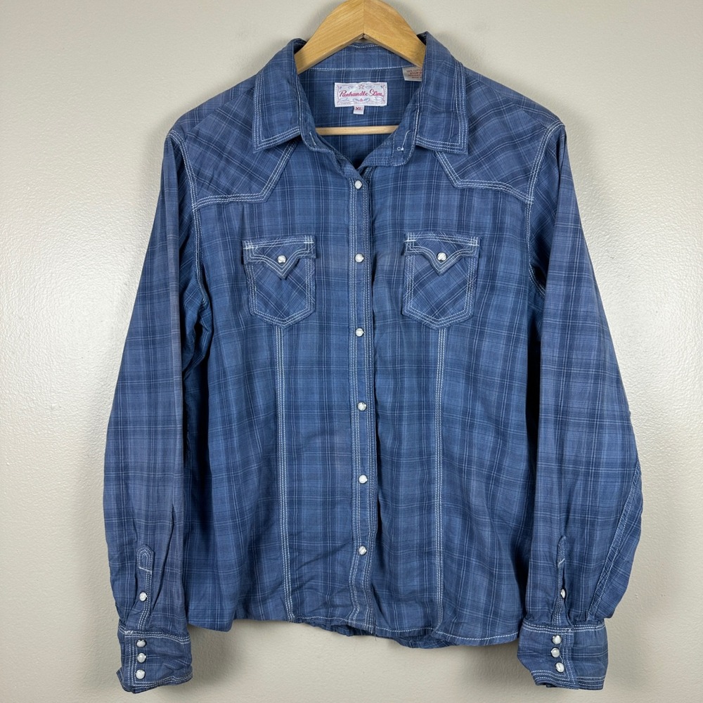 Panhandle Slim Women's XL Shirt Blue Plaid Western Pearl Snap Cowgirl Rodeo